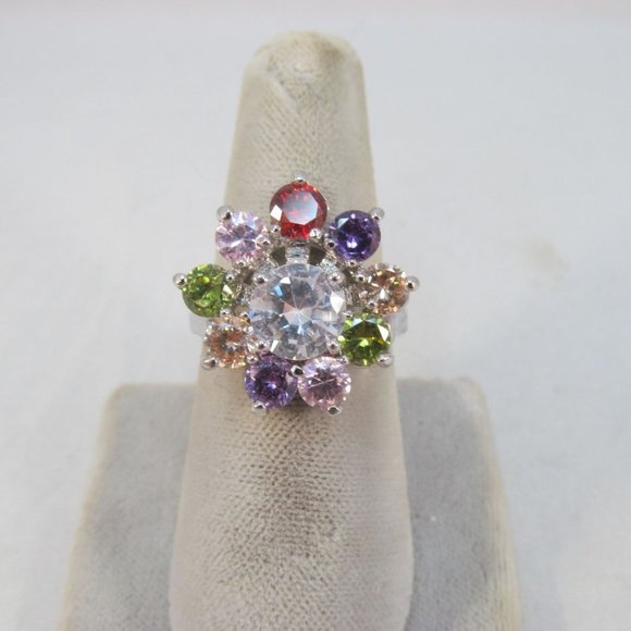 Multi Color Crystal Rainbow Flower Cocktail Ring - Picture 1 of 11